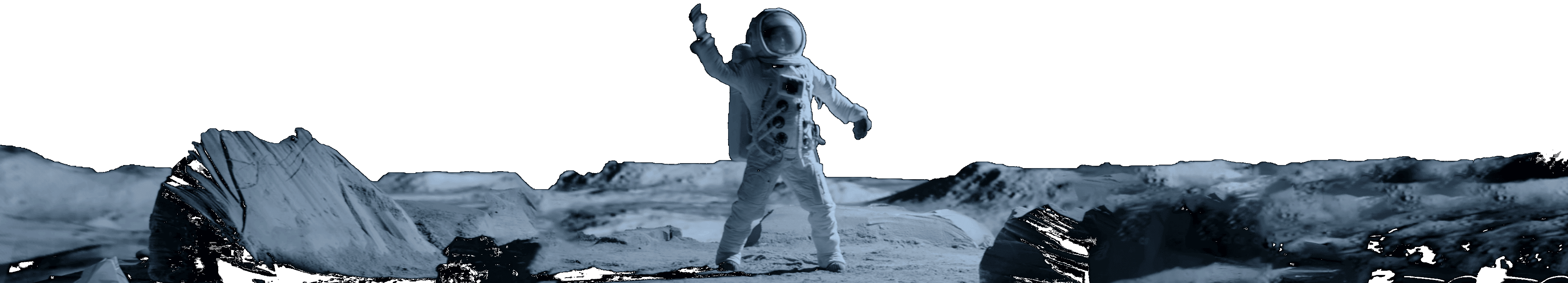 Astronaut standing on the moon surface amid lunar rocks and terrain with a black sky in the background, representing space exploration and lunar missions.
